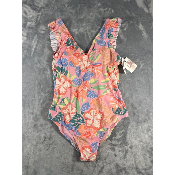 Jessica Simpson Other - Jessica Simpson Womens Tropical Floral Ruffle One Piece Swimsuit Pink Large NWT